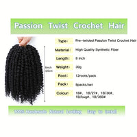 YOROSTAR 8 Inch Pre-Twisted Synthetic Soft Crochet Hair Extensions - 8 Packs, Low Temperature Fiber, Pre-Looped Passion Twist Curly with 6 Inch Hair, Crochet Needle & Hair Rings Gift for Black Women