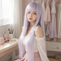 Model wearing moonlight lilac 80cm long straight cosplay wig