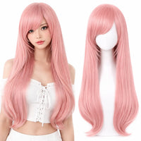 80cm long straight pastel pink cosplay wig on model and mannequin
