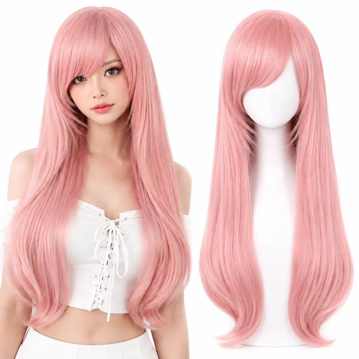 80cm long straight pastel pink cosplay wig on model and mannequin