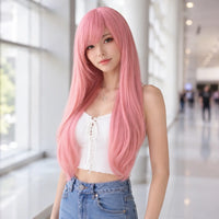 Model wearing cotton candy pink 80cm long straight cosplay wig