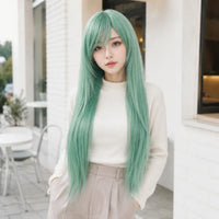 Model wearing sage green 80cm long straight cosplay wig