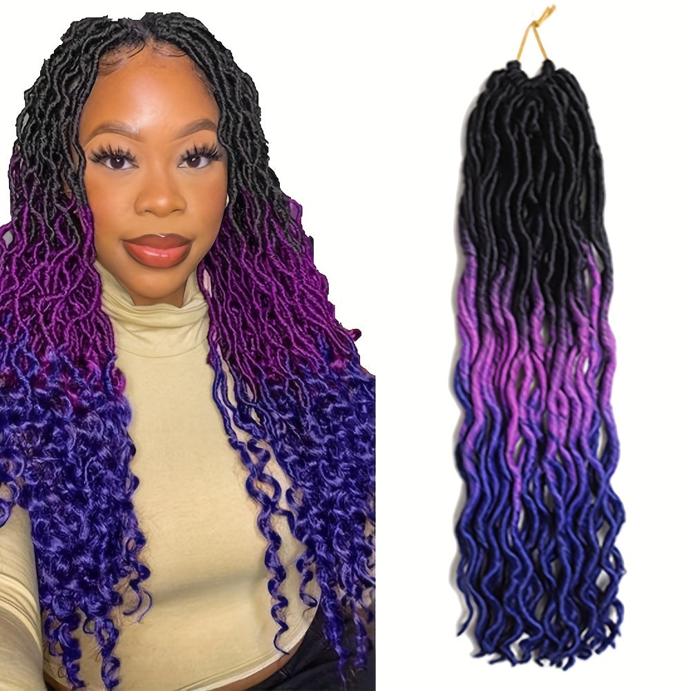 Woman with styled hair and a close-up of purple and blue hair extensions on a white background