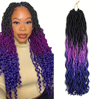 Woman with styled hair and a close-up of purple and blue hair extensions on a white background