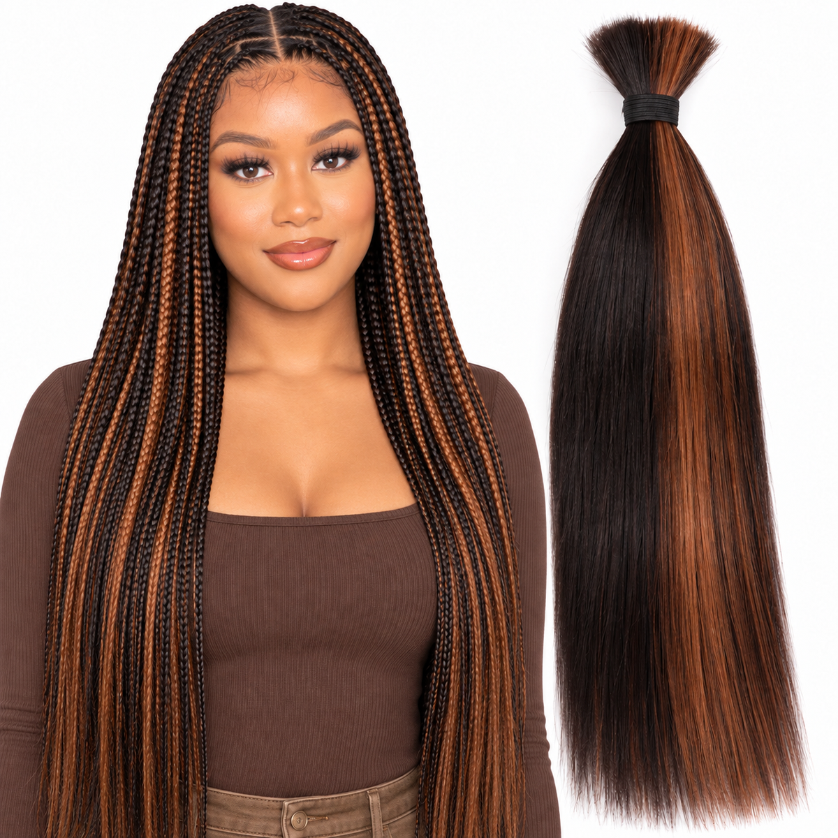 Colored Straight Human Hair Bulk for Braiding - model hairstyle and loose bulk hair