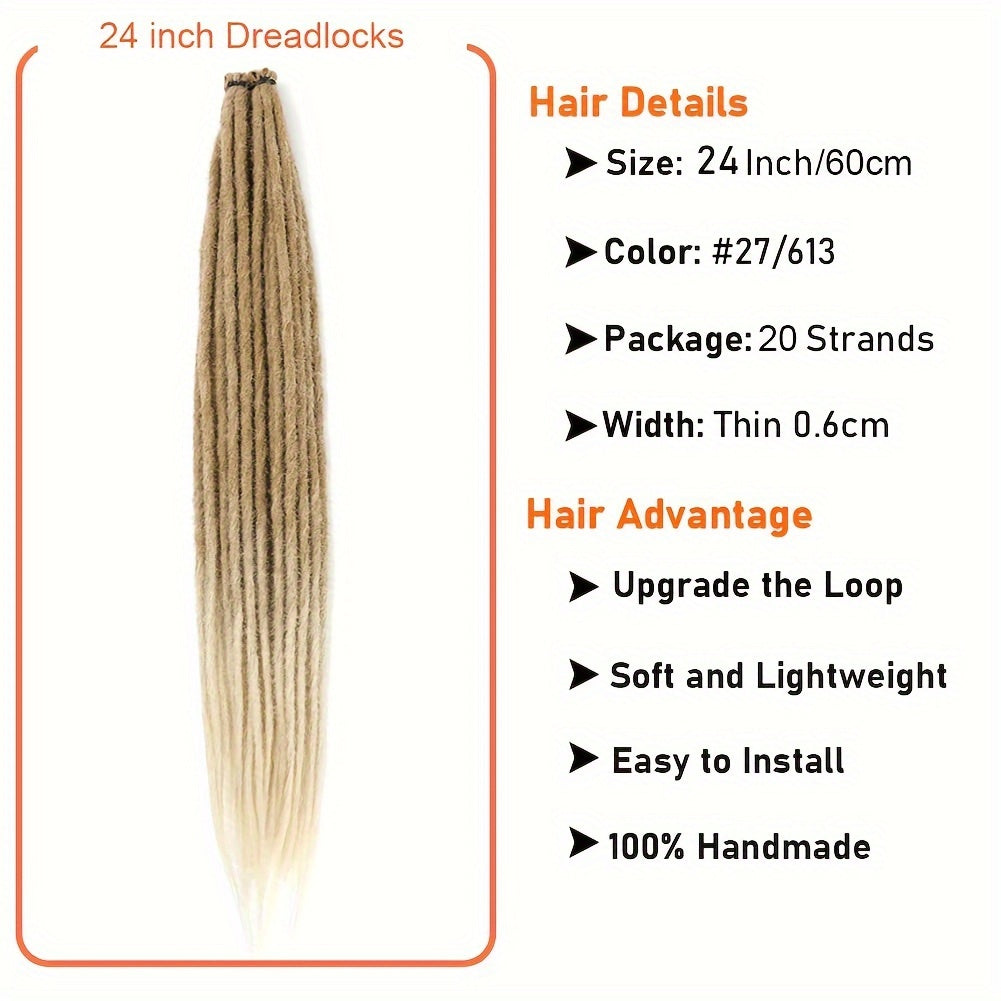 20 Strands Pre-Looped Dreadlock Extensions - 24 Inch Handmade, 0.6cm Width, Synthetic Single Ended Crochet Braids for Women - Lightweight & Easy Install for Halloween