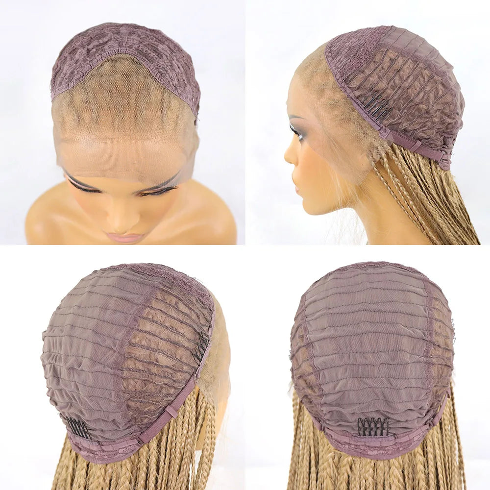 28Inch Pink Highlight Box Braided Wigs for Women Knotless Goddess Box Braid Lace Front Wig Colored Crochet Braid Synthetic Wig