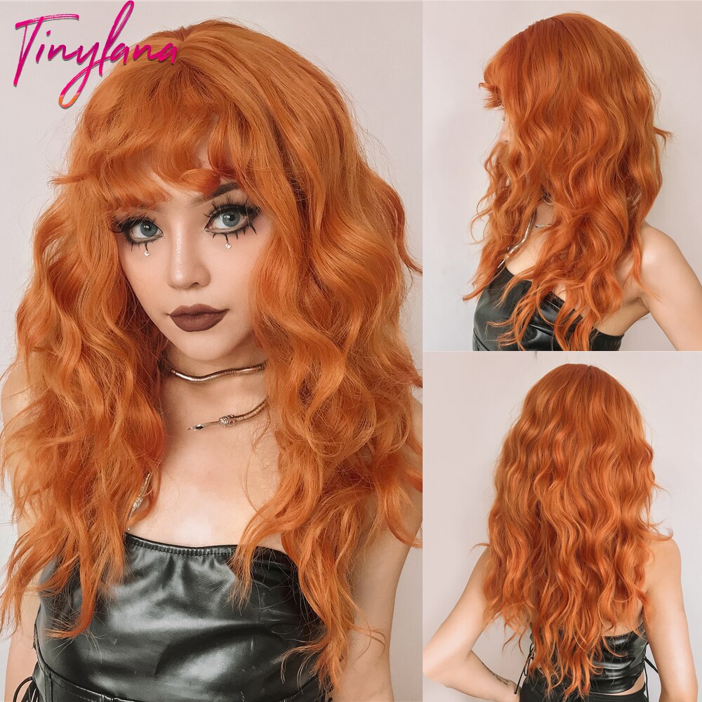 TINY LANA Natural Black Long Wavy Synthetic Wig with Bangs for Women Body Wave Dark Brown Wigs Cosplay Daily Hair Heat Resistant