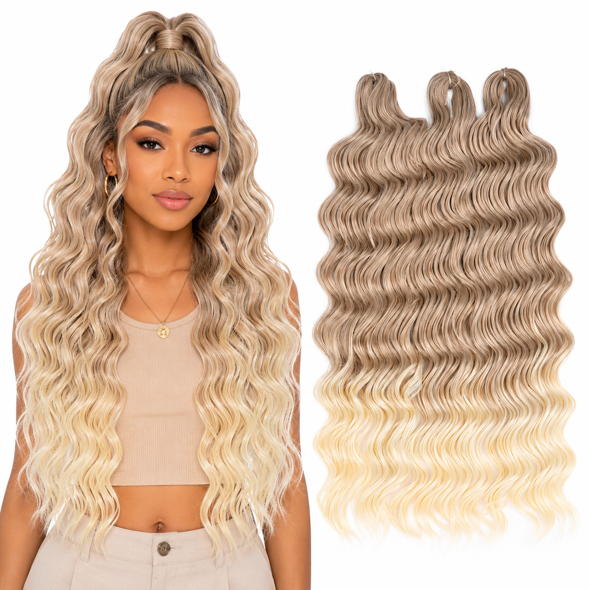 24 Inch Loose Deep Wave Crochet Braiding Hair Ombre Blonde Synthetic Deep Curly Twist Hair Extensions for Women