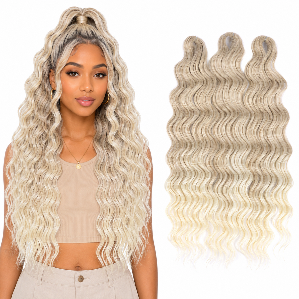 24 Inch Loose Deep Wave Crochet Braiding Hair Ombre Blonde Synthetic Deep Curly Twist Hair Extensions for Women