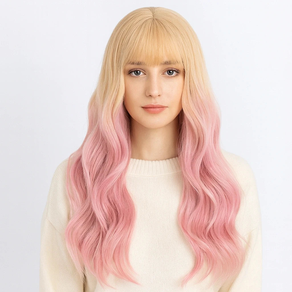 Heat-Resistant Pink Cosplay Wig with Bangs – 24" Long Straight Anime Wig | Soft Matte Fiber, Natural Look for Women