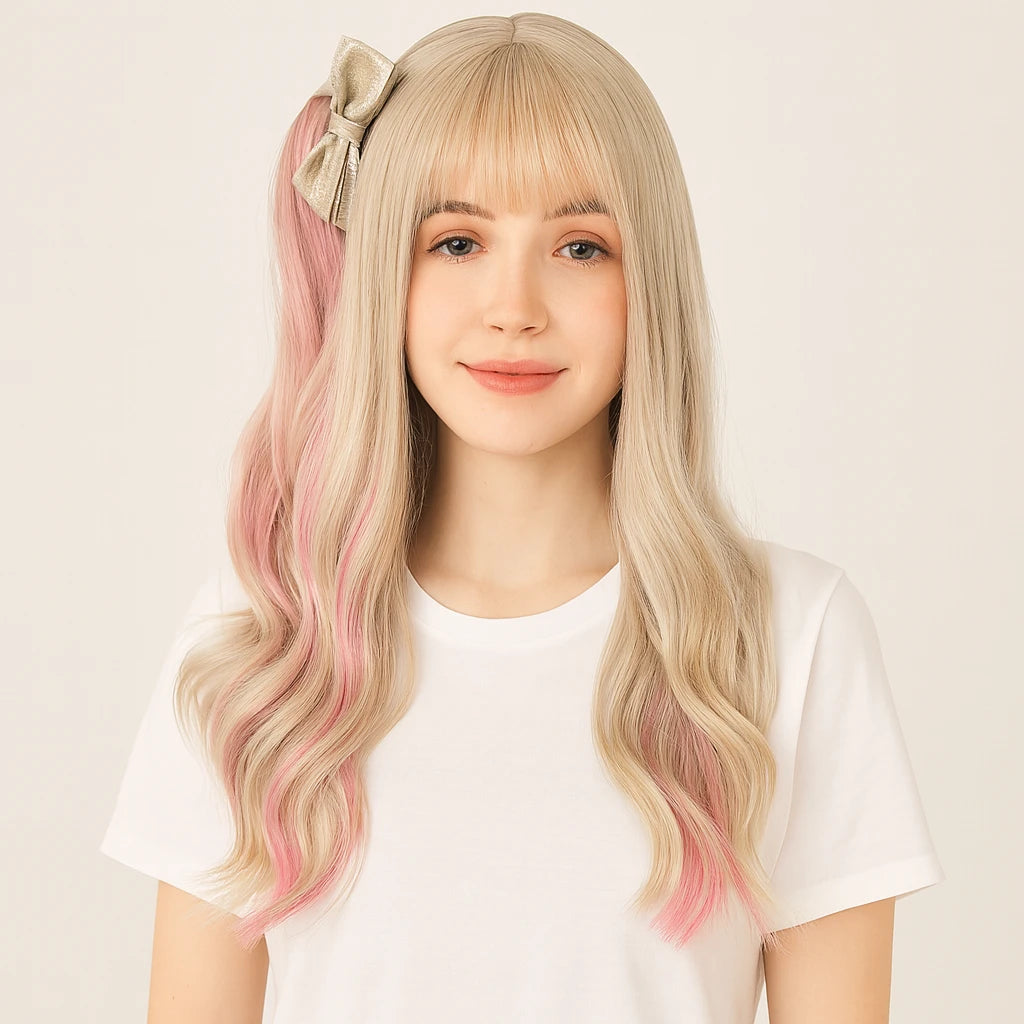 Heat-Resistant Pink Cosplay Wig with Bangs – 24" Long Straight Anime Wig | Soft Matte Fiber, Natural Look for Women