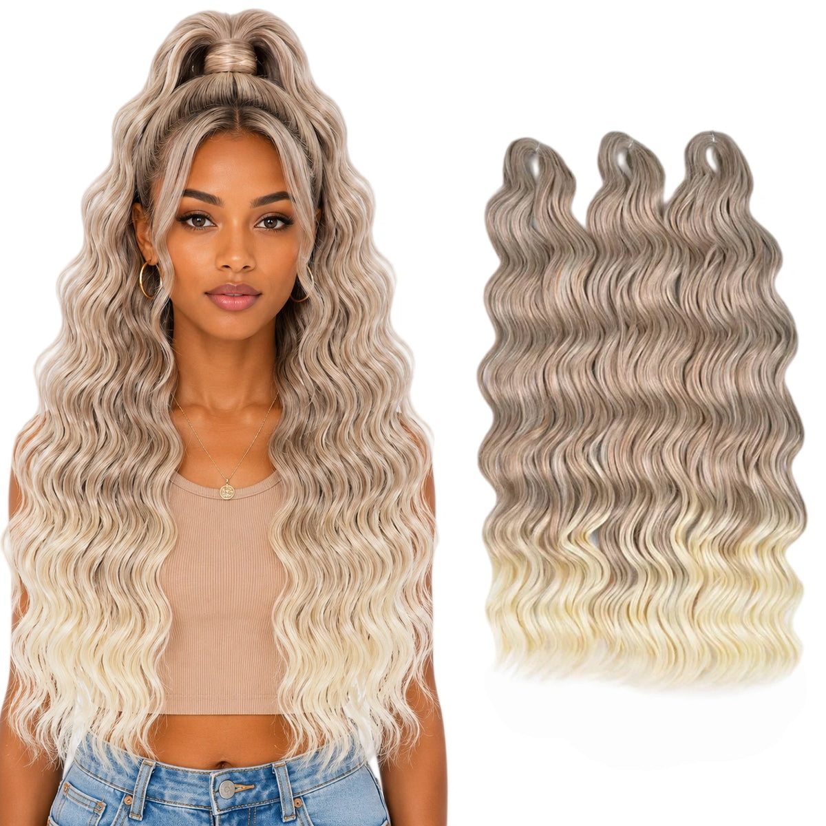 24 Inch Loose Deep Wave Crochet Braiding Hair Ombre Blonde Synthetic Deep Curly Twist Hair Extensions for Women