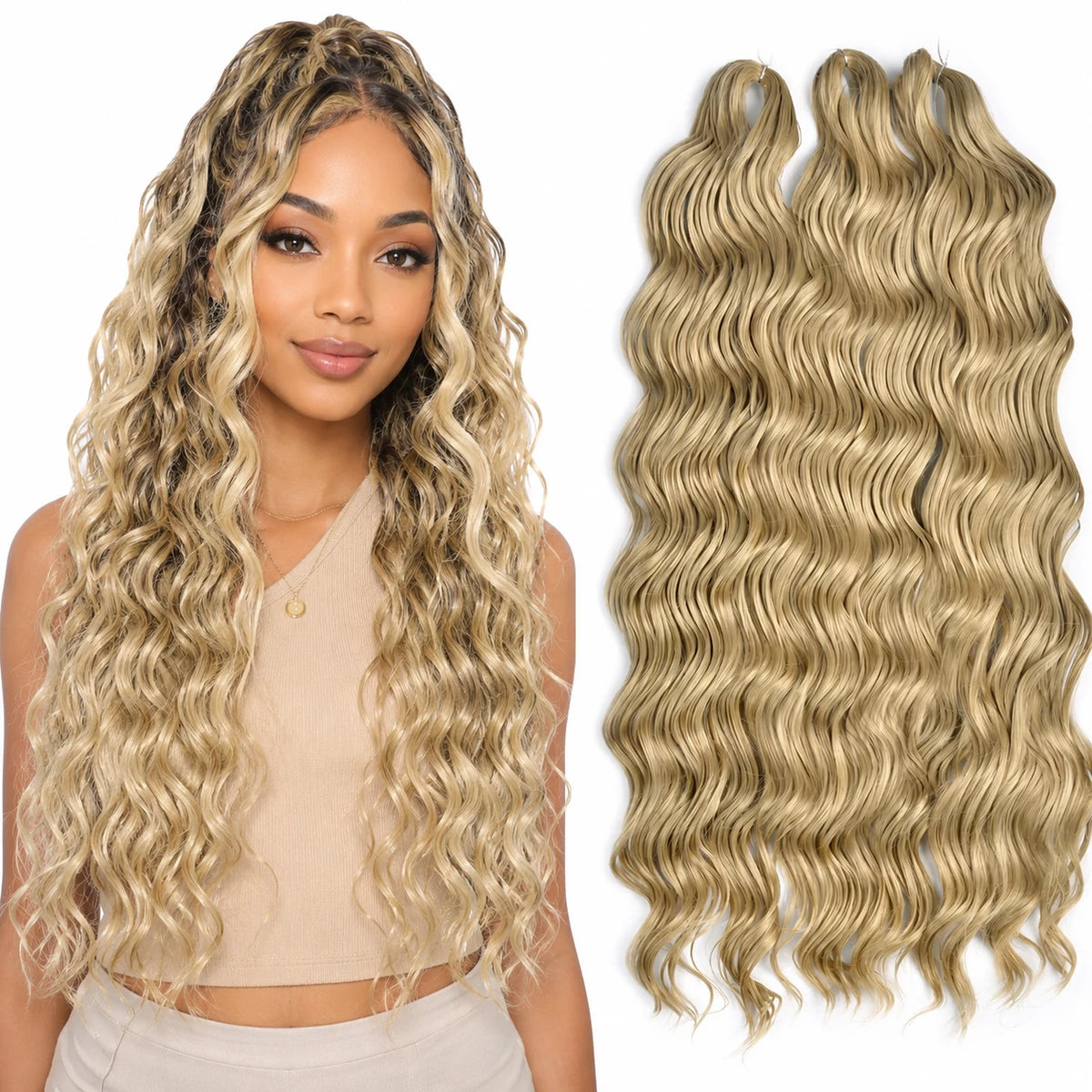 24 Inch Loose Deep Wave Crochet Braiding Hair Ombre Blonde Synthetic Deep Curly Twist Hair Extensions for Women
