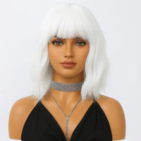 Short Curly Wavy White Synthetic Wig White Lolita Hair Wig with Bangs for Women Natural Cosplay Party Halloween Heat Resistant