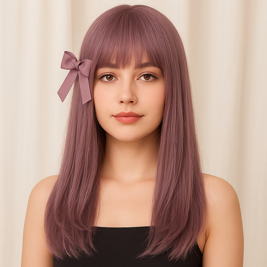 Heat-Resistant Pink Cosplay Wig with Bangs – 24" Long Straight Anime Wig | Soft Matte Fiber, Natural Look for Women