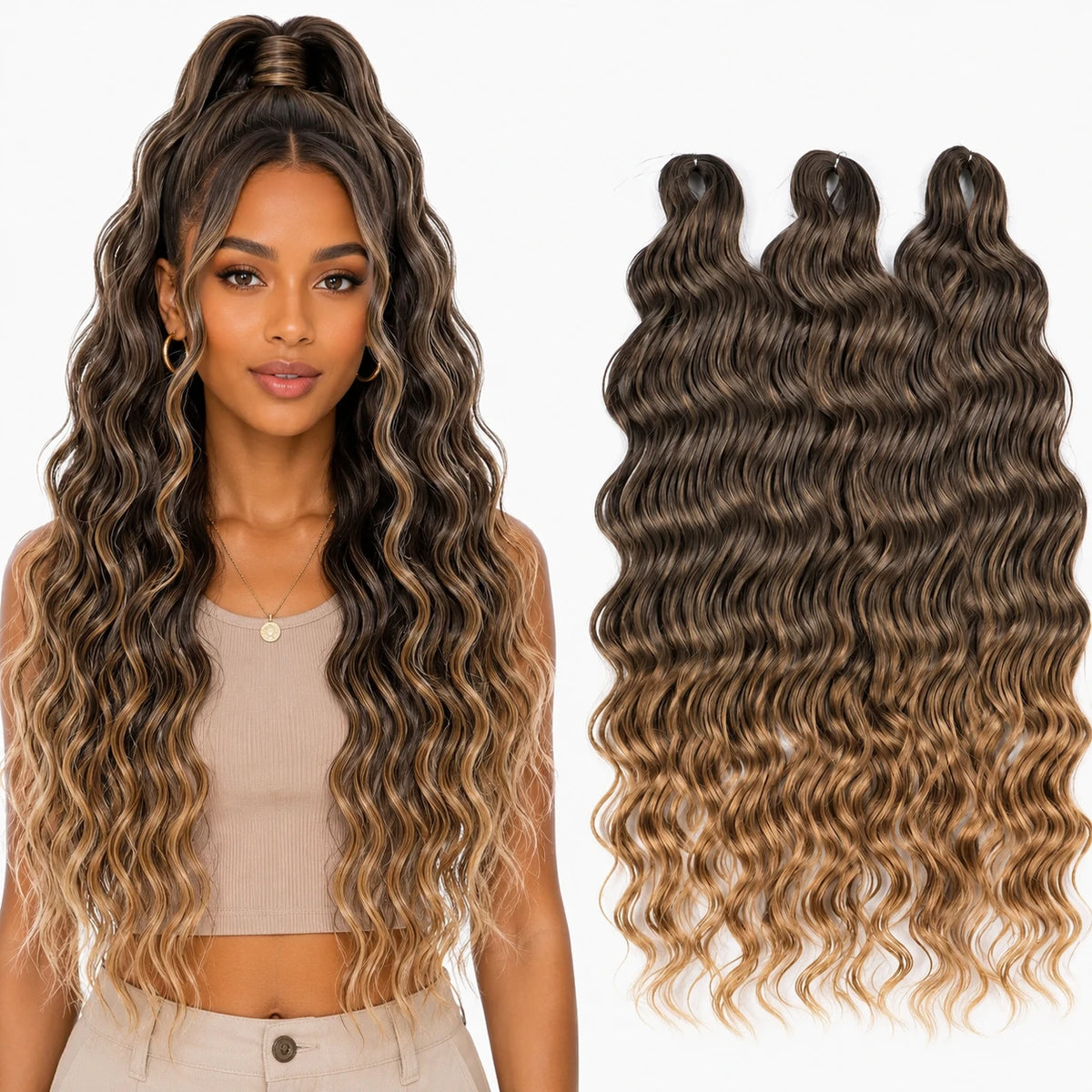 24 Inch Loose Deep Wave Crochet Braiding Hair Ombre Blonde Synthetic Deep Curly Twist Hair Extensions for Women