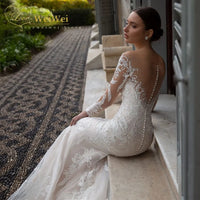 Mermaid Wedding Dresses For Women Sheer Illusion Button Back Wedding Gown Lace Applique свадебное платье Vestidos De Novia 2022