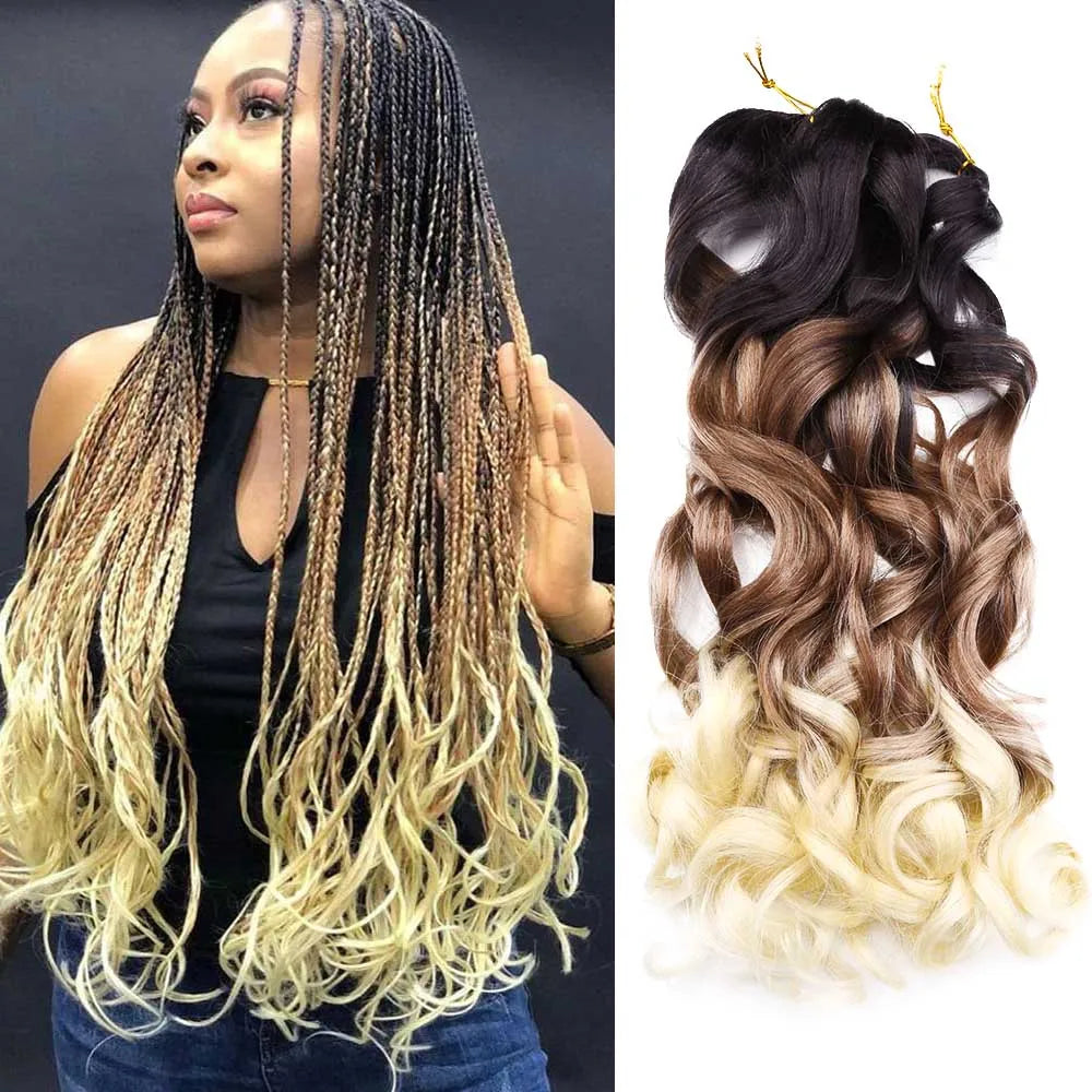 Ombre French curl braiding hair on model with long boho box braids and loose curly ends, crochet hair extensions