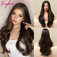 TINY LANA Natural Black Long Wavy Synthetic Wig with Bangs for Women Body Wave Dark Brown Wigs Cosplay Daily Hair Heat Resistant