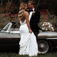 Real Photos Simple Crepe Satin Sheath Wedding Dress Custom Made Long Train Backless Buttons Draped Trailing V Neck Bridal Gowns