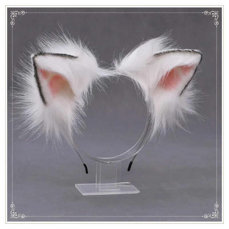 Cat cosplay tail ears simulation fur black white gray Halloween performance props cat ears