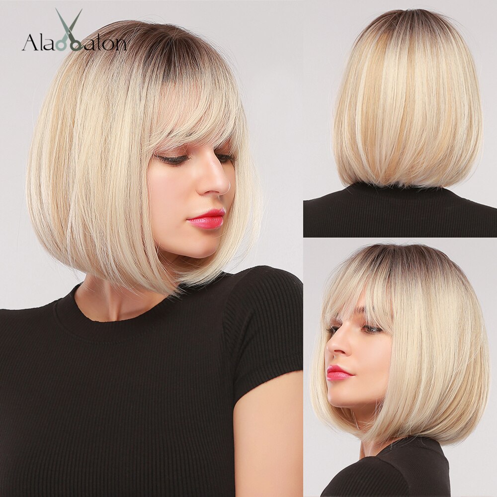 ALAN EATON Short Silky Straight Synthetic Wigs with Bangs Black Brown Lolita Bobo Wigs For Women Cosplay Daily Heat Resistant