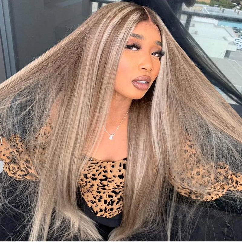 Highlight Wig Blonde Lace Front Wig Ombre Synthetic Hair Silk Base Closure Wig Middle Part Long Straight Hair
