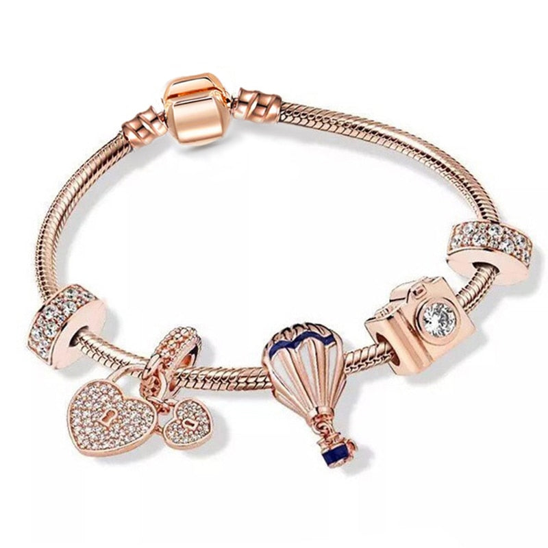 BAOPON New Heart &amp; Key Pendant Rose Gold Color Fine Bracelets &amp; Bangles Ferris Wheel Beads Charm Bracelet For Women Jewelry Gift