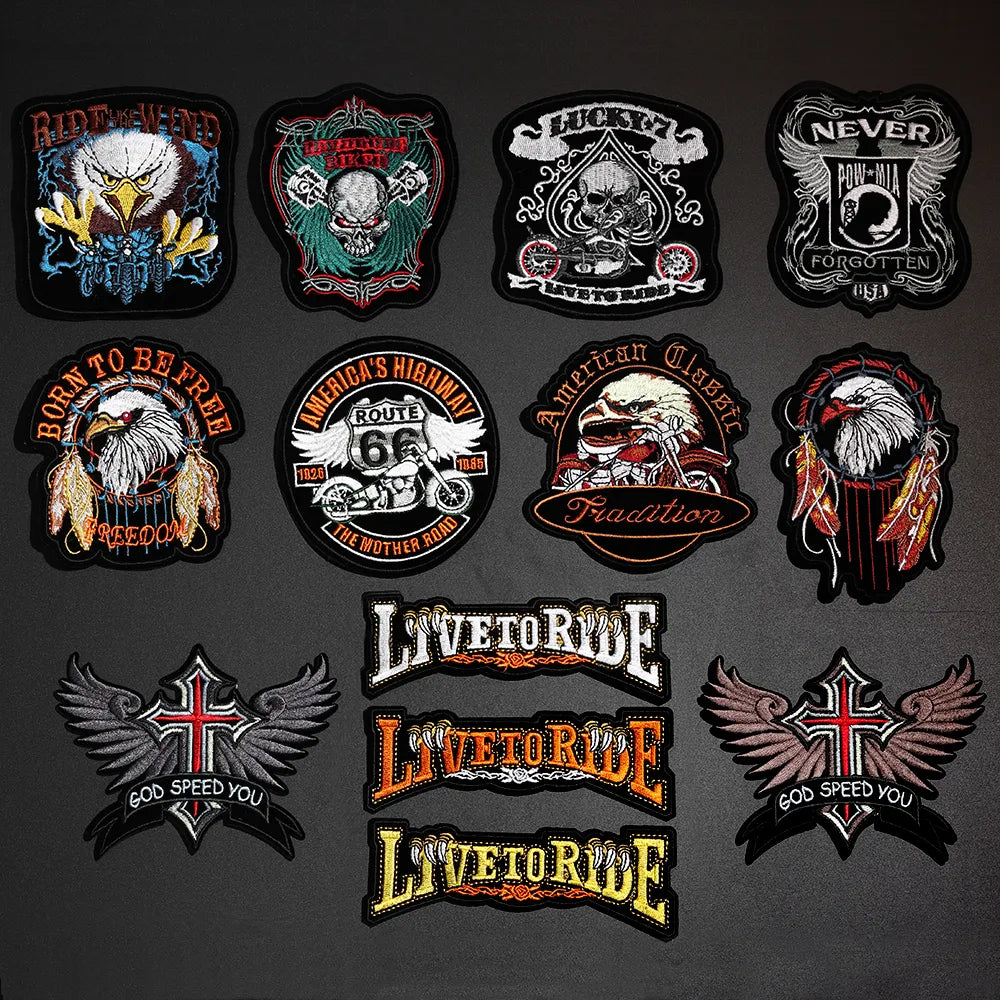 Punk Eagle Paw Live to Ride Skull Embroidery Patches for Clothing Iron on Clothes Biker Motorcycle Applique Badge Stripe Sticker