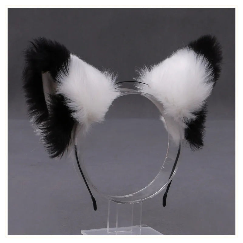 Cat cosplay tail ears simulation fur black white gray Halloween performance props cat ears