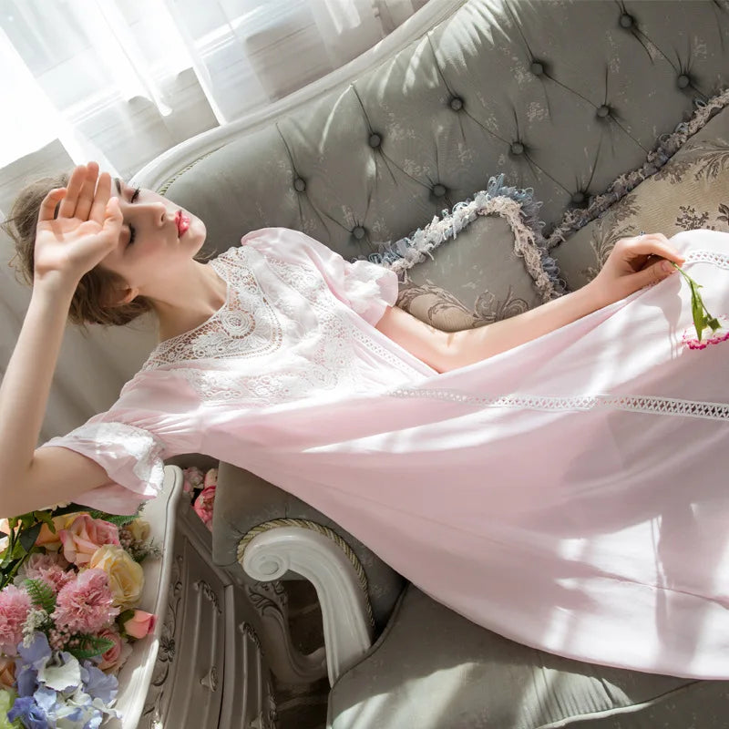 Women Sleepwear Princess Sleeping Skirt Long Sleeve Lace Dress French Court Cotton Retro Victorian Nightgown Elegant Romantic