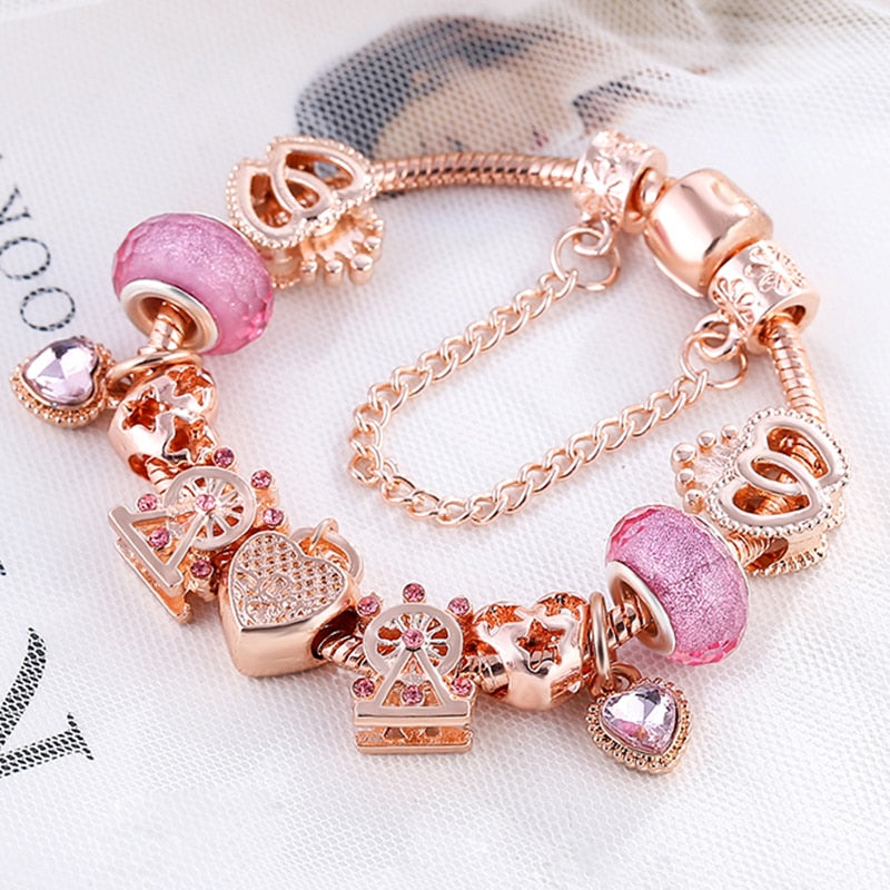 BAOPON New Heart &amp; Key Pendant Rose Gold Color Fine Bracelets &amp; Bangles Ferris Wheel Beads Charm Bracelet For Women Jewelry Gift