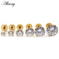 Alisouy 2pcs Stainless steel Unisex Women Men Round Crystal Zircon Ear Studs Earrings  4 Prong Tragus Cartilage Piercing Jewelry