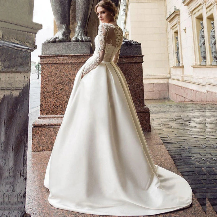 Vestidos De Novia Long Sleeves Wedding Dress 2020 Scoop Satin Lace Appliques A-Line Bridal Gown With Pockets Robe Mariage Boda