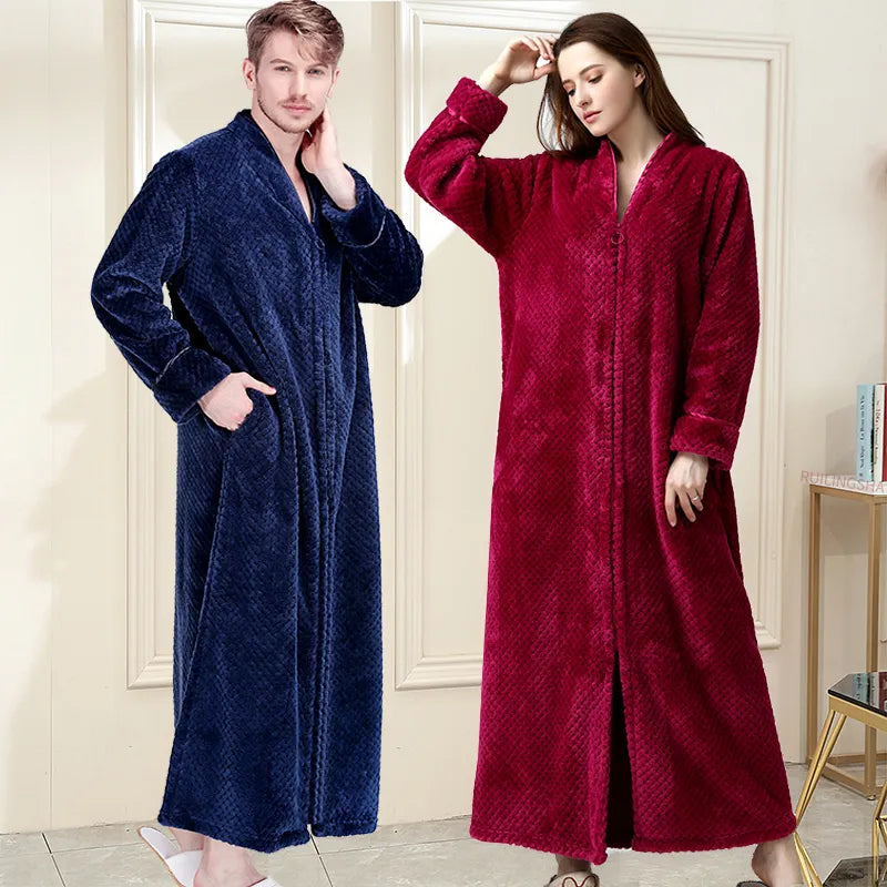 Women Winter Extra Long Thick Warm Bath Robe Plus Size Zipper Luxury Flannel Peignoir Pregnant Bathrobe Men Coral Fleece Robes