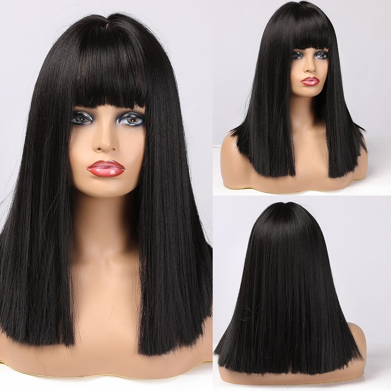 ALAN EATON Short Silky Straight Synthetic Wigs with Bangs Black Brown Lolita Bobo Wigs For Women Cosplay Daily Heat Resistant