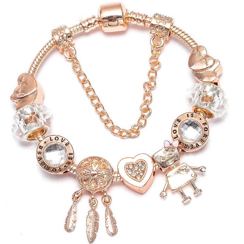 BAOPON New Heart &amp; Key Pendant Rose Gold Color Fine Bracelets &amp; Bangles Ferris Wheel Beads Charm Bracelet For Women Jewelry Gift