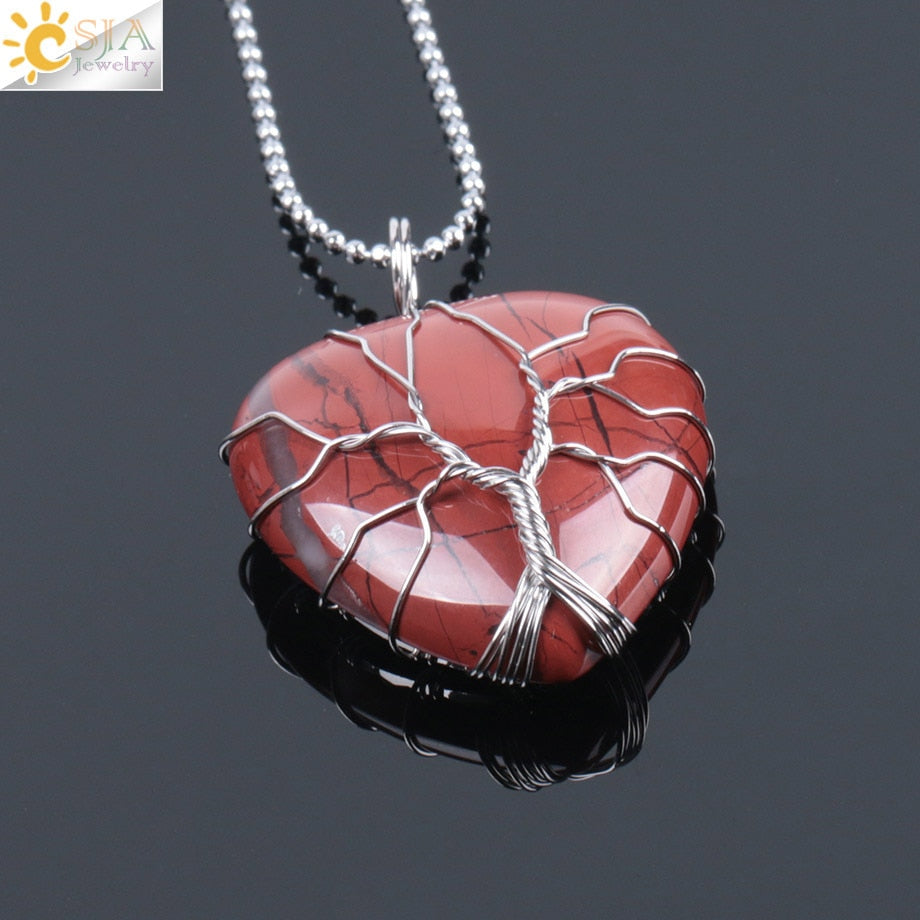 CSJA Tree of Life Wire Wrapped Love Heart Necklace &amp; Pendant Suspension Natural Gem Stone Tiger Eye Pink Quartz Black Onyx F053