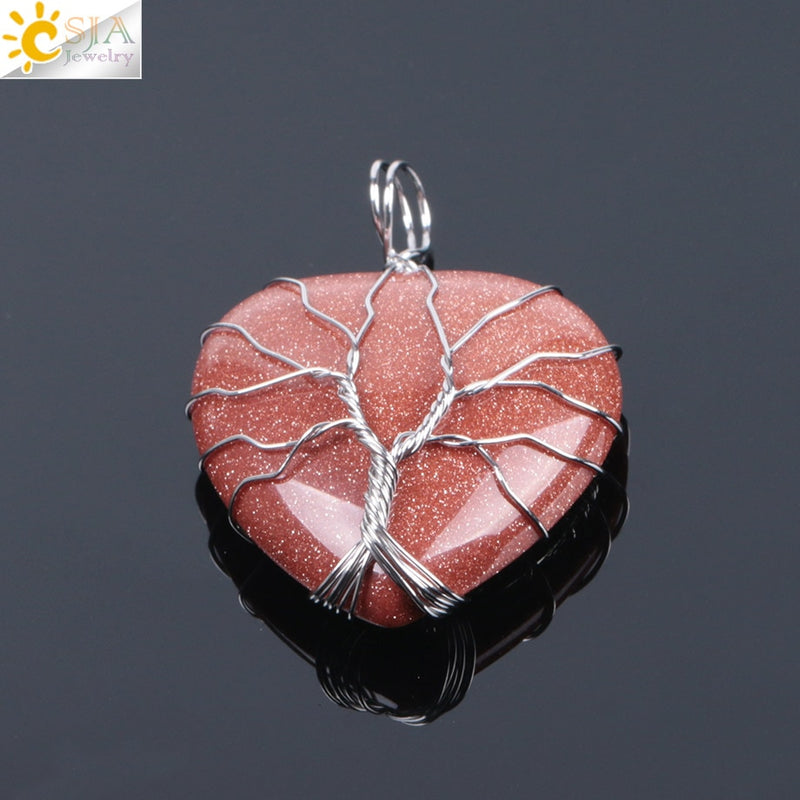 CSJA Tree of Life Wire Wrapped Love Heart Necklace &amp; Pendant Suspension Natural Gem Stone Tiger Eye Pink Quartz Black Onyx F053