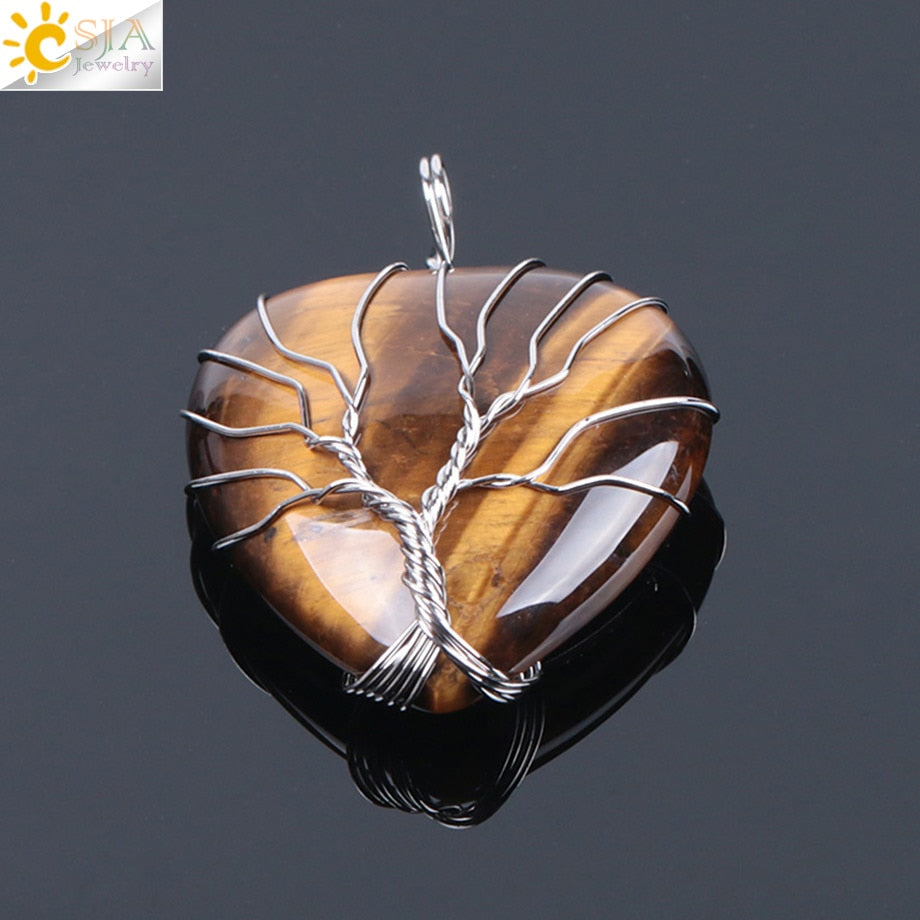 CSJA Tree of Life Wire Wrapped Love Heart Necklace &amp; Pendant Suspension Natural Gem Stone Tiger Eye Pink Quartz Black Onyx F053