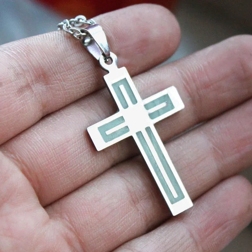 Glowing Necklace CROSS Necklace Stainless Steel Necklace Cross GLOW In The DARK