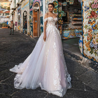 Illusion Wedding Dresses Tulle with Lace Appliques Sexy Off the Shoulder A-line Summer Wedding Dress vestido de noiva