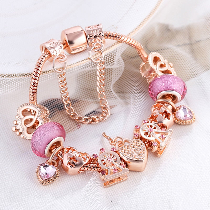 BAOPON New Heart &amp; Key Pendant Rose Gold Color Fine Bracelets &amp; Bangles Ferris Wheel Beads Charm Bracelet For Women Jewelry Gift