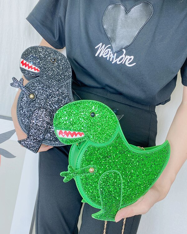 Trendy Glittery Dinosaur Crossbody Bag for Women's Chain Purses and Handbags Female Shoulder Bag  Casual Clutch Bag Pu Leather