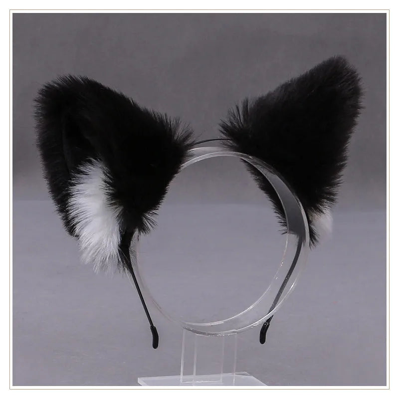 Cat cosplay tail ears simulation fur black white gray Halloween performance props cat ears