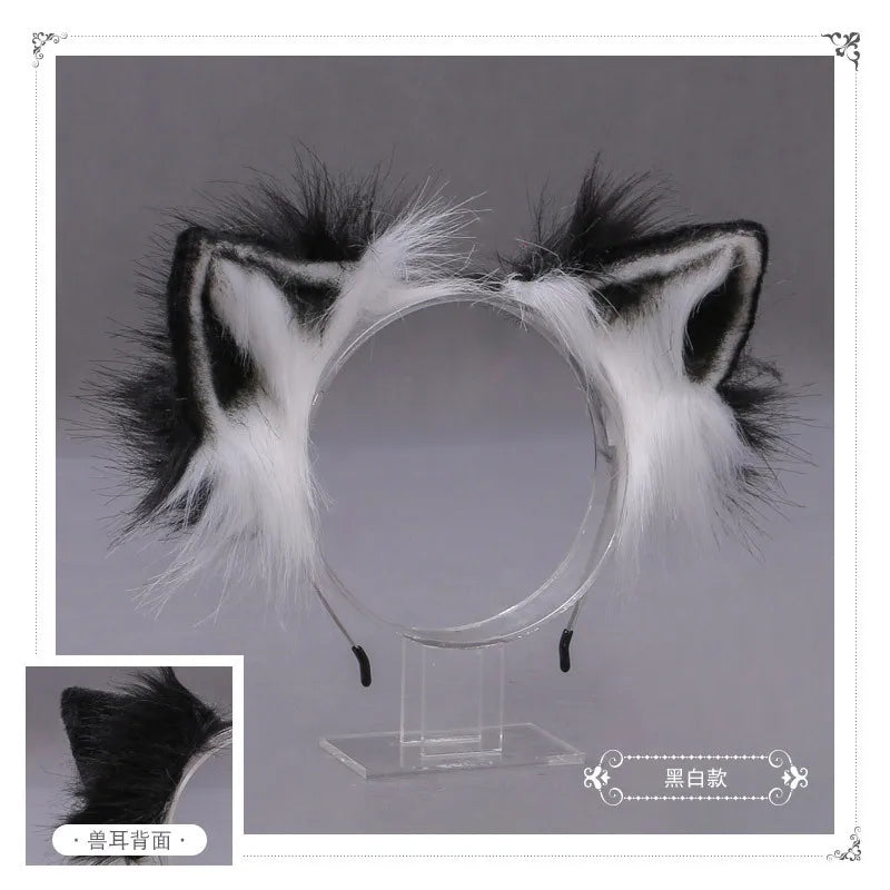 Cat cosplay tail ears simulation fur black white gray Halloween performance props cat ears