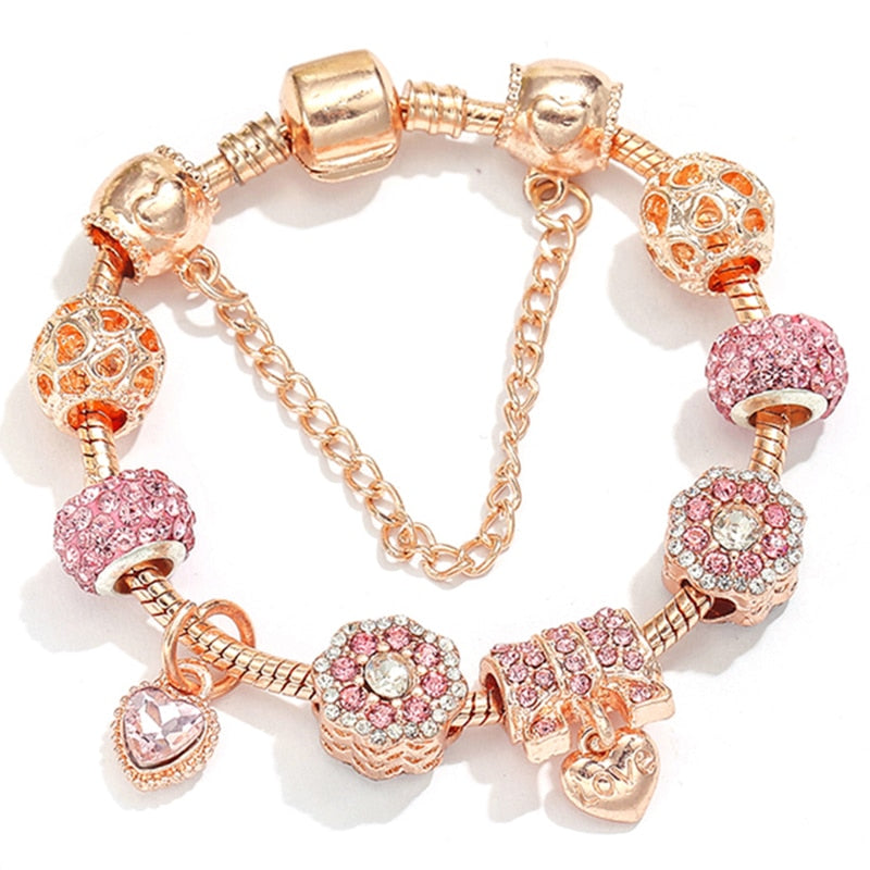 BAOPON New Heart &amp; Key Pendant Rose Gold Color Fine Bracelets &amp; Bangles Ferris Wheel Beads Charm Bracelet For Women Jewelry Gift