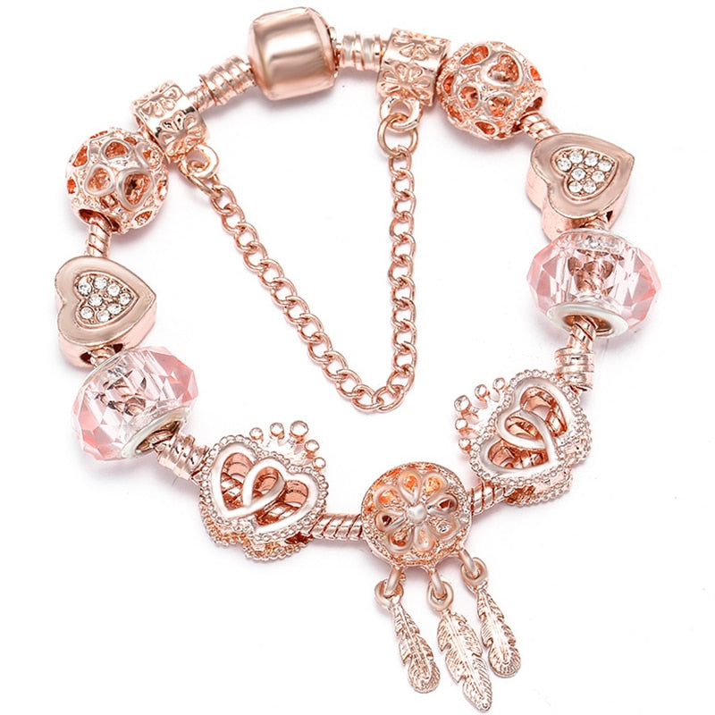 BAOPON New Heart &amp; Key Pendant Rose Gold Color Fine Bracelets &amp; Bangles Ferris Wheel Beads Charm Bracelet For Women Jewelry Gift