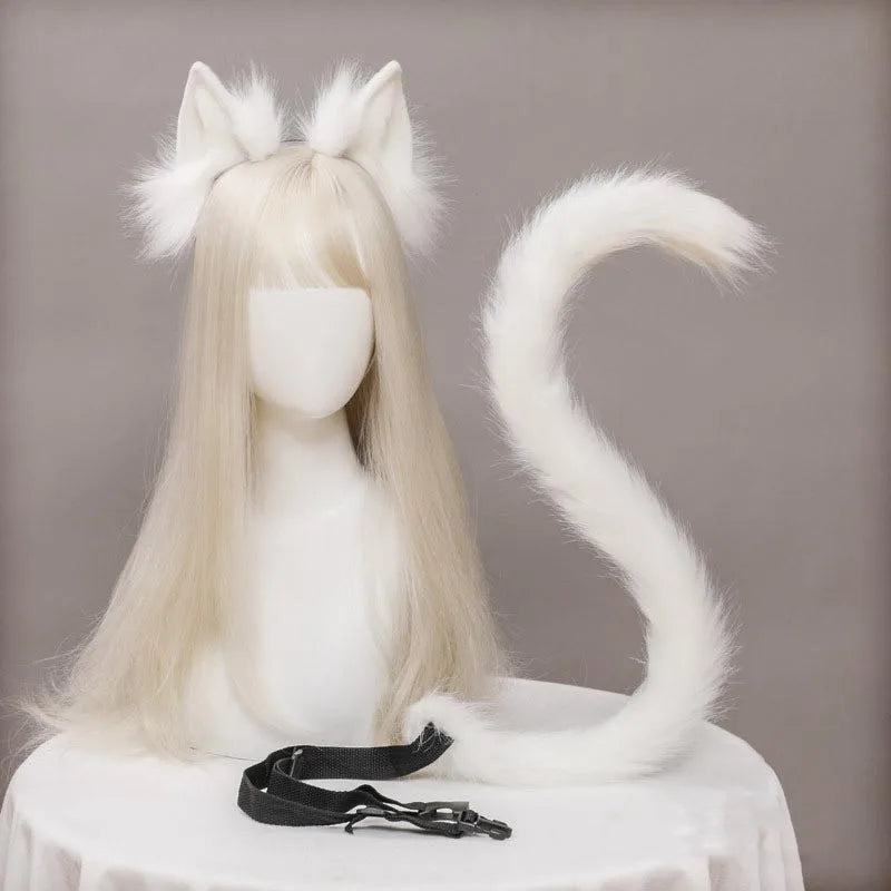 Plush Cat Ears Realistic Lolita Headband Cat Tail Cosplay Accessories Hand-made Simulation Animal Ears Halloween Headwear Kawaii